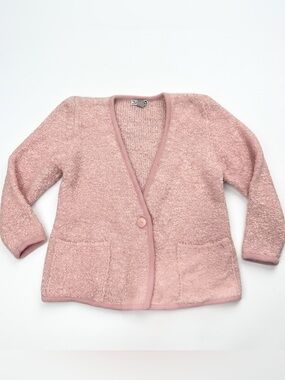 Vintage 80s Adele Joyce Pink Boucle Cardigan Women’s M Chunky Wool Blend Sweater